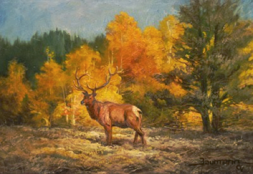 This image is a painting of an elk entitled "Wapiti Study, Opus 1" painted by Stefan Baumann