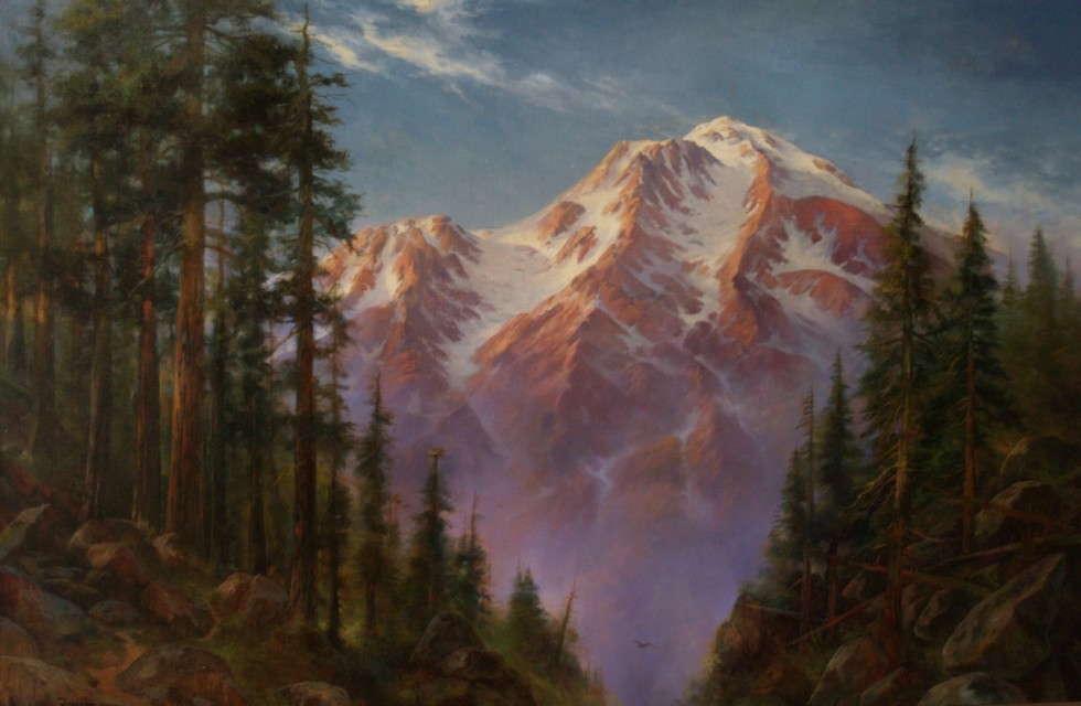 This image is an original painting titled "Mount Shasta, Hot Summer Day" by Stefan Baumann