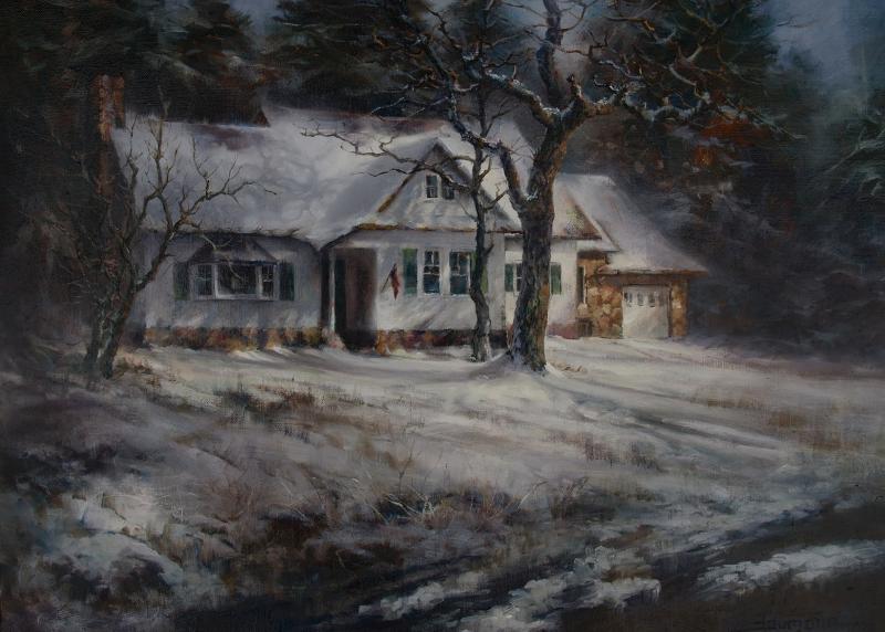 The Sullaway House, painting of a historic home in winter snow by Stefan Baumann