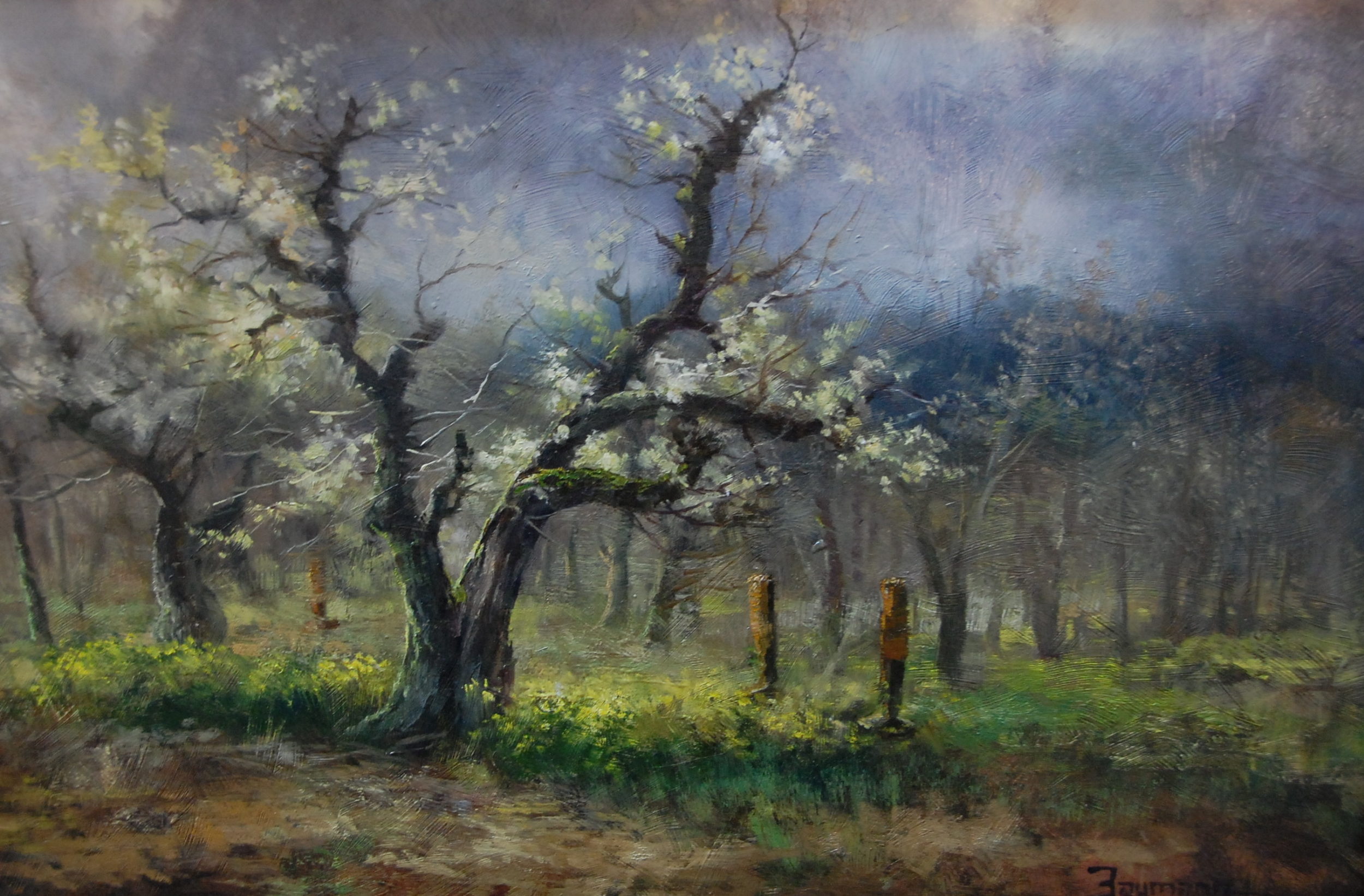 Ashland Orchard, painting of a pear orchard with early blooms by Stefan Baumann. Collection of Kris Baxter, Mt Shasta, California