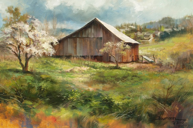 Ashland Barn, painting of a weathered red barn with a blooming tree by Stefan Baumann. Used in his encouraging instructional post, Be Prepared to Paint