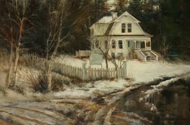 Grand Old Lady, painting of a white house in snow by Stefan Baumann