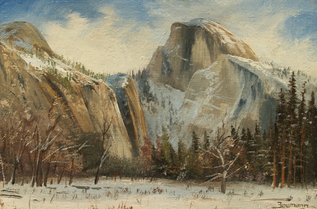 Christmas Day in Yosemite, original oil painting by Stefan Baumann, from his collection of Christmas paintings