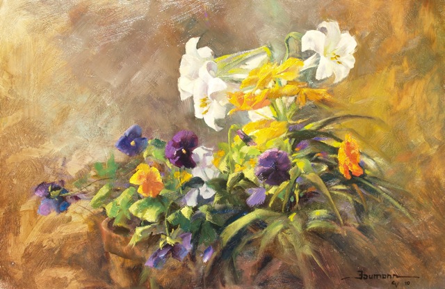 This image is an oil painting titled Lilies and Pansies, by Stefan Baumann