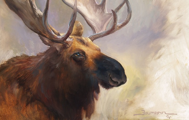 Moose, Opus 1, oil on canvas. Wildlife painting by artist Stefan Baumann