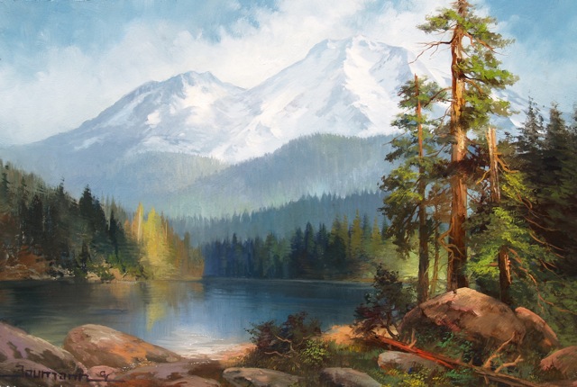 Silence at Siskiyou Lake, oil on canvas. Painting of Mt Shasta with Siskiyou Lake in the foreground by Stefan Baumann