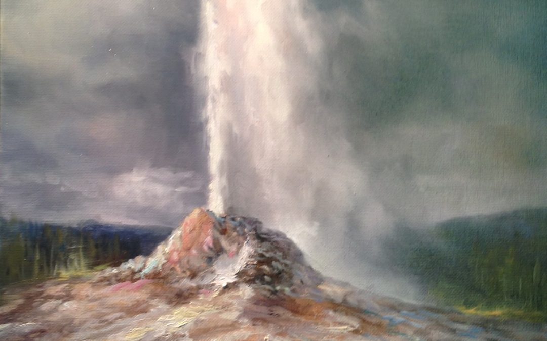"Yellowstone Geyser Opus 1" by Stefan Baumann Painter of the National Parks, plein air artist. Painting a geyser that is erupting is quite a challenge, as is only erupts every 12 hours, and the eruption lasts two to three minutes!