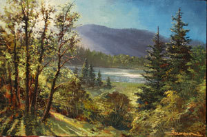 View from the Grand View, Opus 1, painting of a lake, mountain and trees in the Mt Shasta are, view from The Grand View ranch house by Stefan Baumann