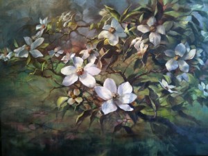 Image of an oil painting titled "Mt Shasta Dogwood Blossoms" by Stefan Baumann