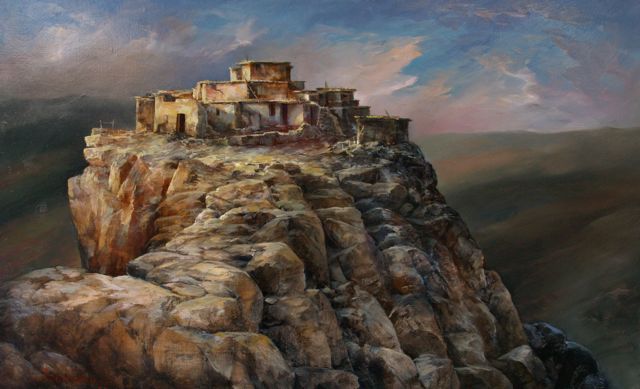 This is an oil painting titled Sunset on Mesa One, by Stefan Baumann featuring a golden sunset on a Hopi Reservation.