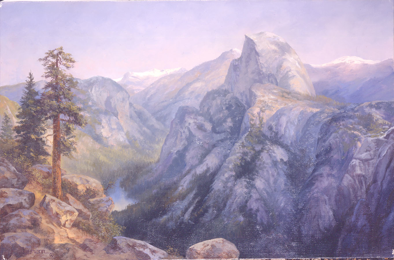 Yosemite National Park View from Glacier Point, oil on canvas. Painting by Stefan Baumann. Painted on location en plein air, alla prima, from Glacier Point this painting is looking south the Yosemite Valley.