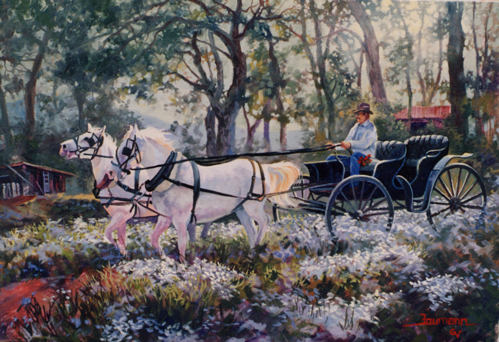 Dinner at Eight, painting of a man in a cowboy hat driving a cart drawn by two white horses by Stefan Baumann