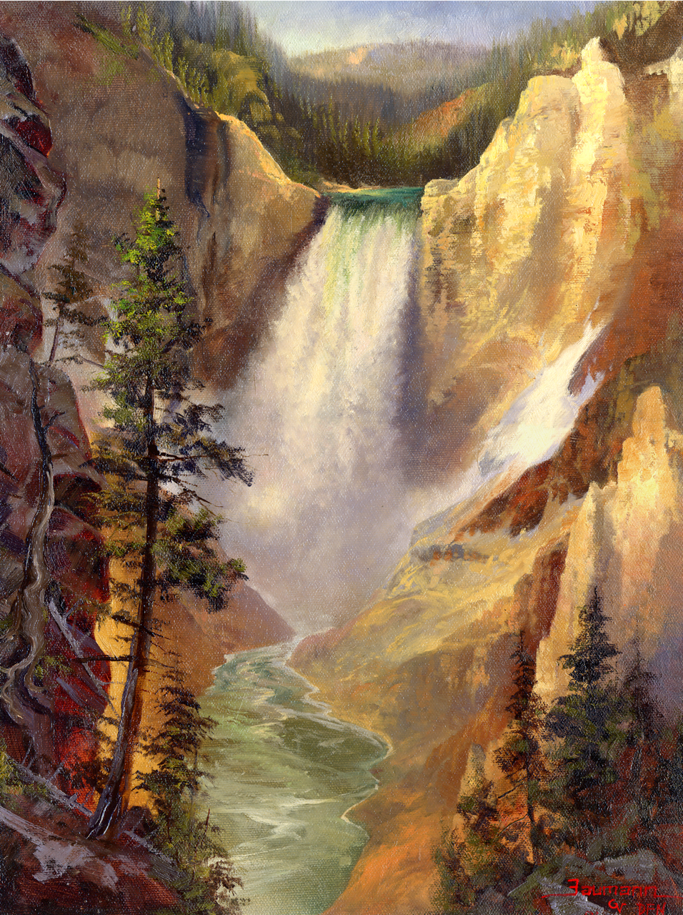 "Lower Yellowstone Falls" is one of the most iconic locations in America. Thousands travel to Artist Point to see for themselves America at its grandest. Painting in Yellowstone National Park offers so many places to paint, but every artist who travels to Yellowstone must paint here at Artist Point, where Thomas Moran painted so many vistas of Yellowstone. It was one of these paintings that was delivered to the House of Representatives and the Senate to encourage them to vote to recognize Yellowstone as a National Park.