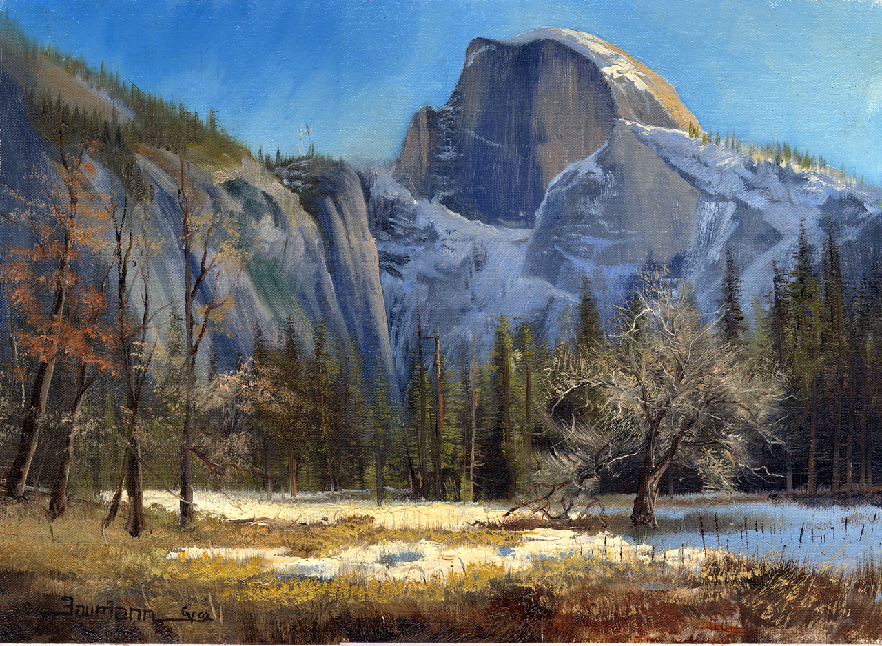 This is an oil painting titled Christmas Day in Yosemite 2003 by Stefan Baumann featuring Half Dome in the snow.