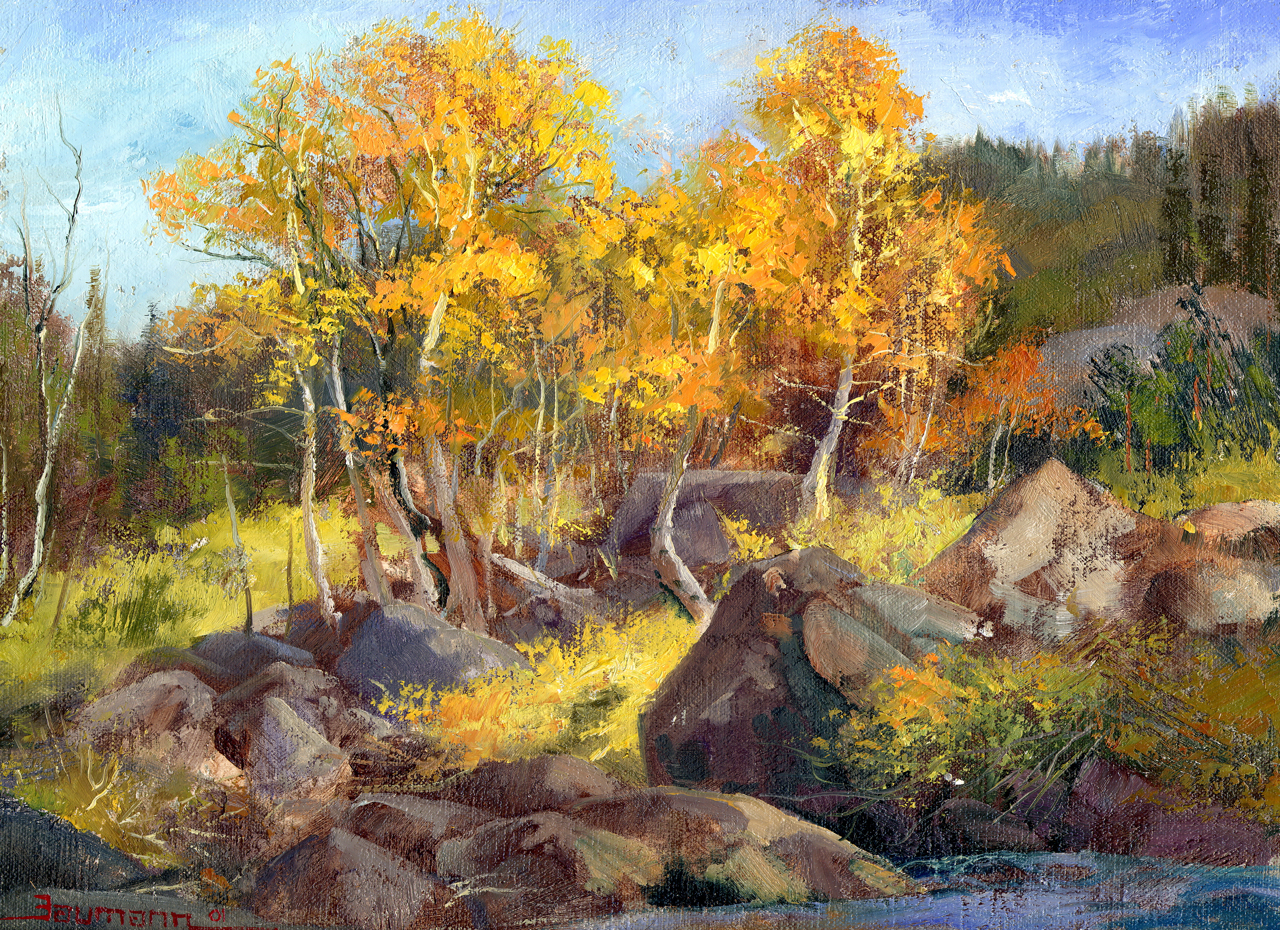 Boulders and Aspens in Hope Valley, painting by Stefan Baumann