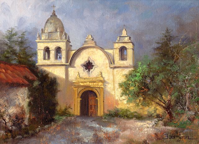 This is an image of "Carmel Mission, A Study of Light and Shadow" painted by Stefan Baumann, 8" x 10" oil on panel.