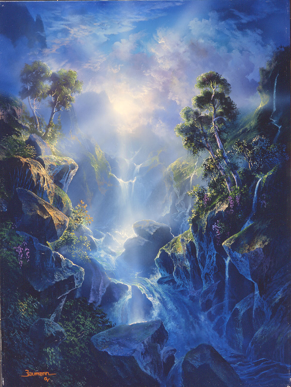 Oil Painting by Stefan Baumann from his imagination of nature's kingdom, of a waterfall with amazing light shining on it, 40x30 oil on stretched canvas with wood bars.