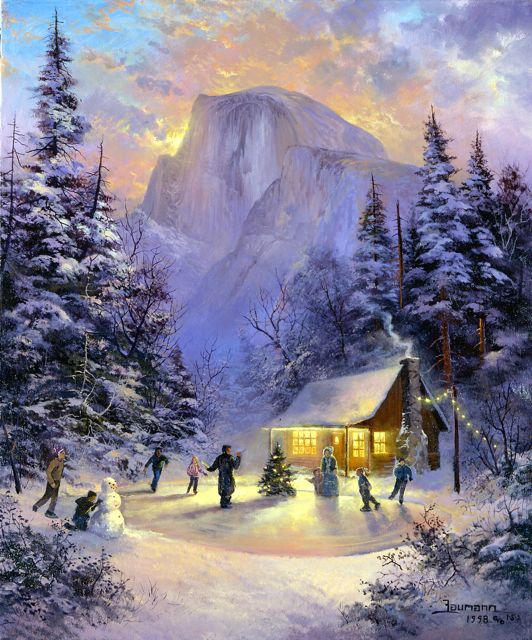 This is an image of ice skaters in "Christmas in Yosemite National Park" painted by Stefan Baumann. From Baumann's collection of Christmas paintings.