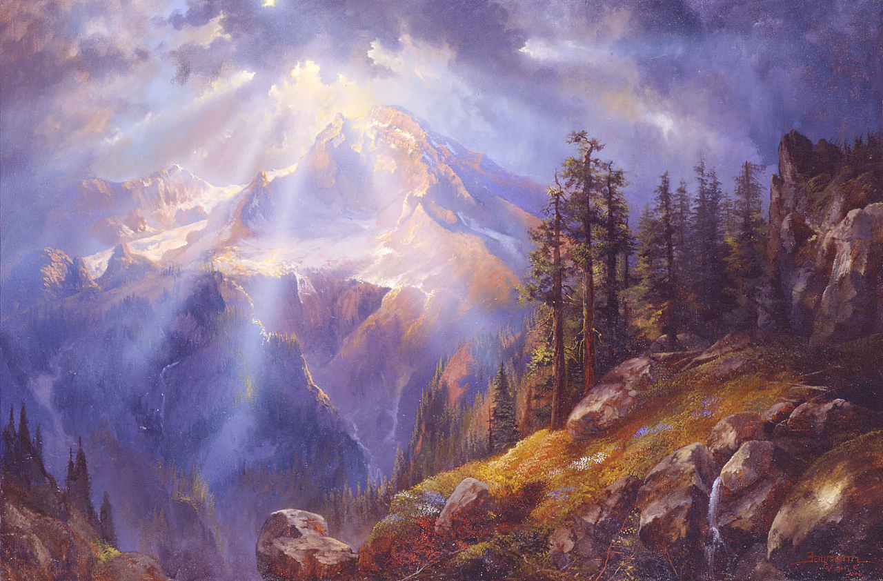 Sun Rays over Mount Rainier, oil on canvas. Painting of Mount Rainier by Stefan Baumann