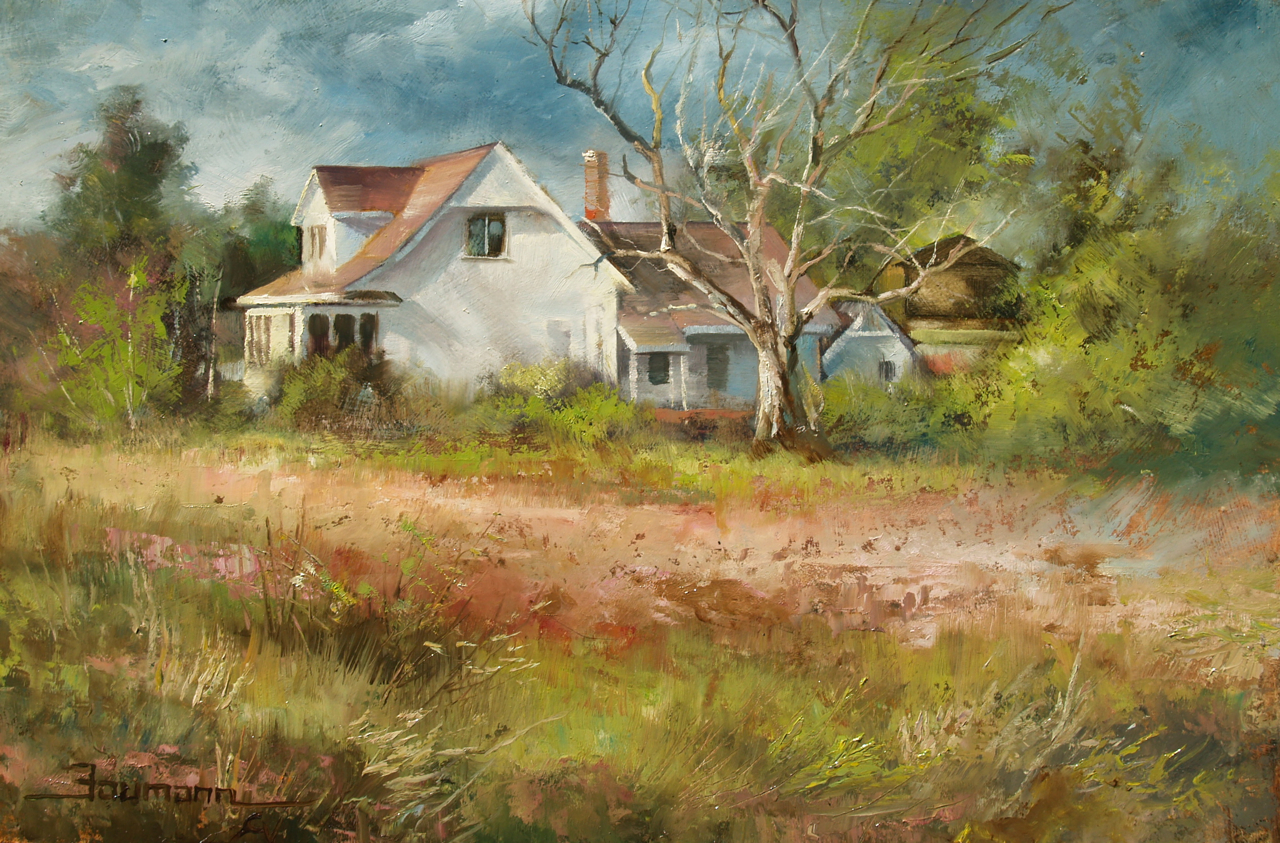 Farmhouse Near Winter's Cutoff. Oil on canvas, painting by Stefan Baumann