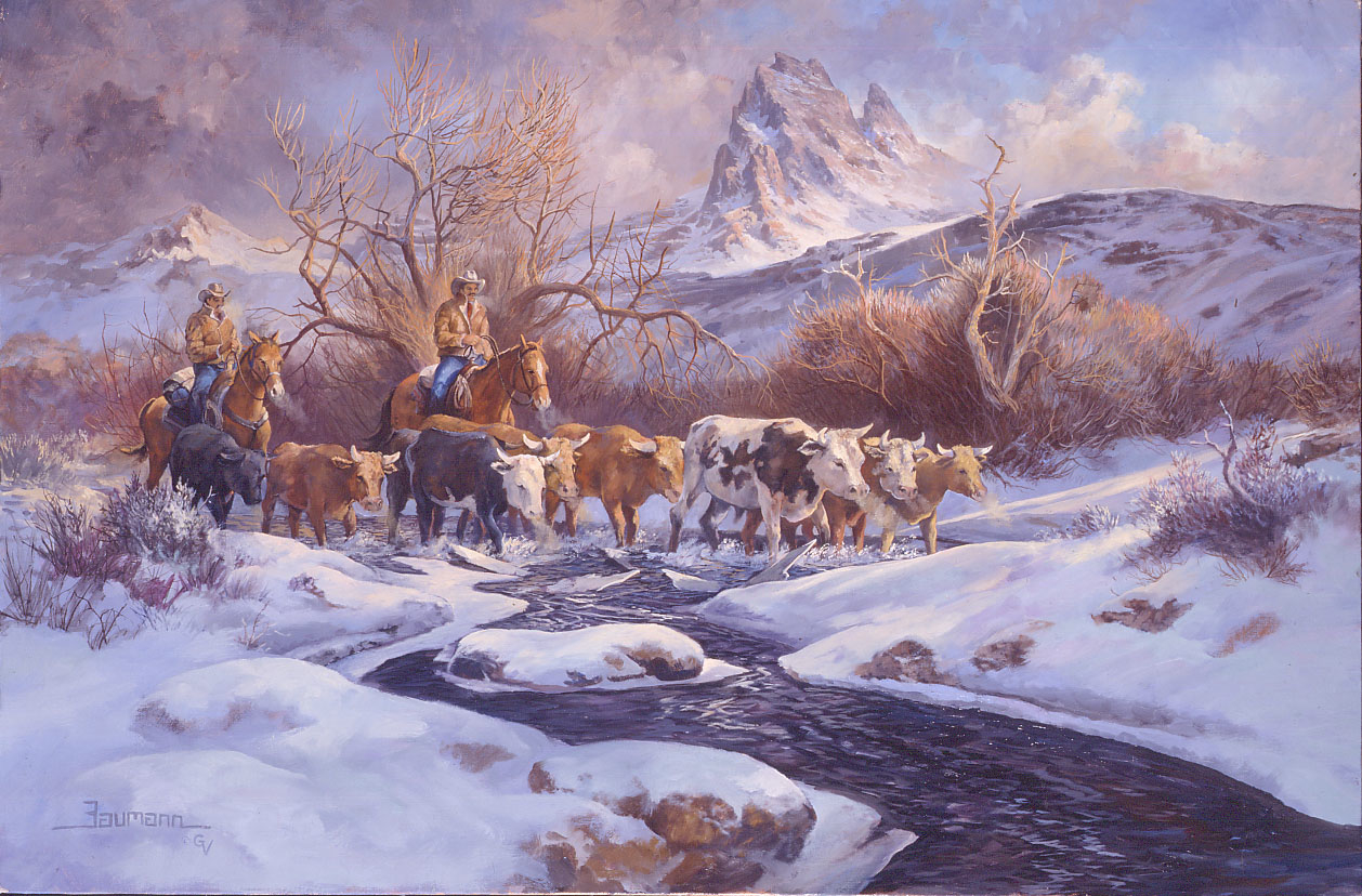 Last Cattle Drive of the Season, Glacier National Park, Oil painting by Stefan Baumann