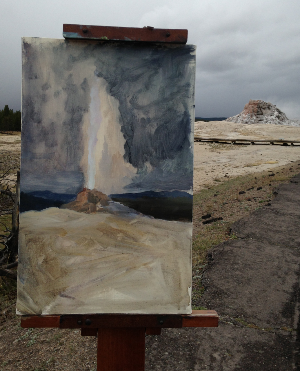 Giant Geyser in Yellowstone National Park, plein air painting by Stefan Baumann in progress on location