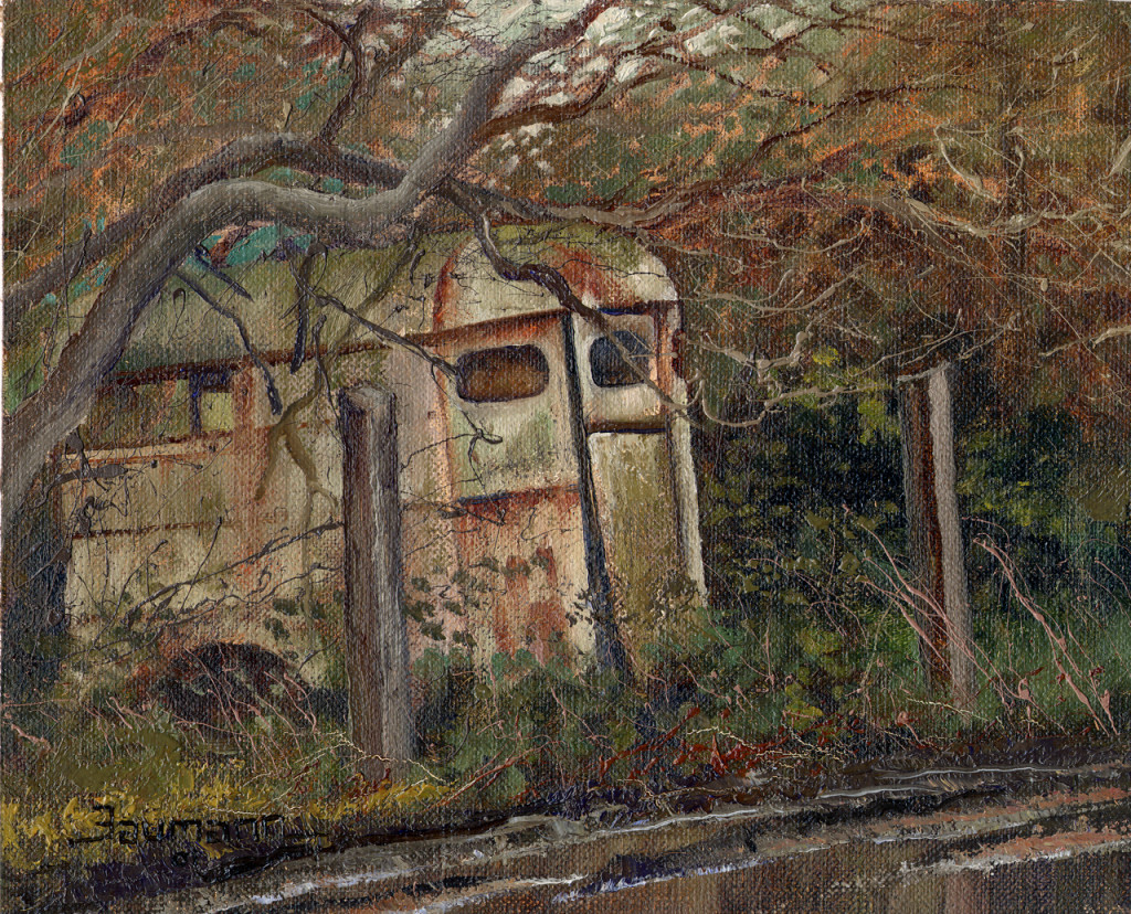 While traveling to one of my destinations along the coast of Half Mood Bay, I discovered this abandoned horse trailer alongside a muddy road. Interested in discarded old items for subjects, I captured it en plein air, alla prima, before Nature reclaimed it for herself.