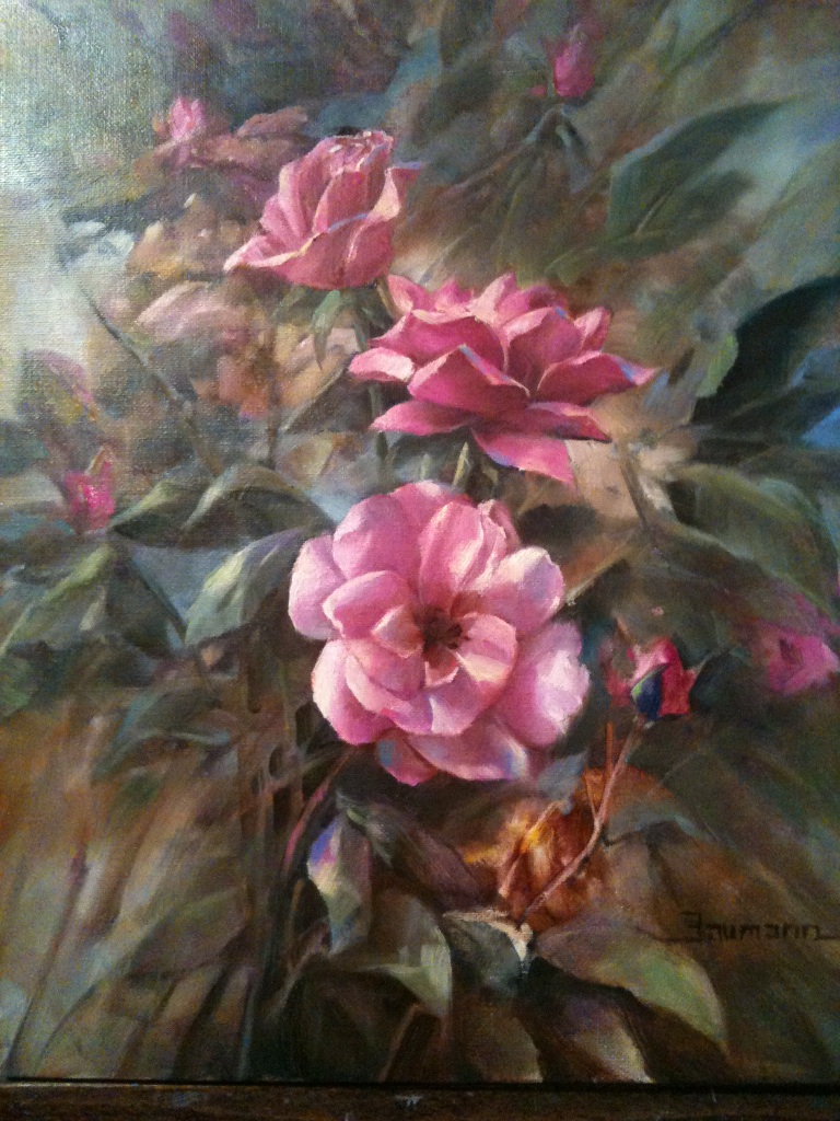 Luscious Pink Roses, painting of pink roses by Stefan Baumann. After a good friend gave these to me on Valentines Day before they died I wanted to capture them forever on canvas alla prima. Roses are one of my favorite flowers and one of the hardest flowers to paint. I always look at painting a rose as a study of angles and proportions.
