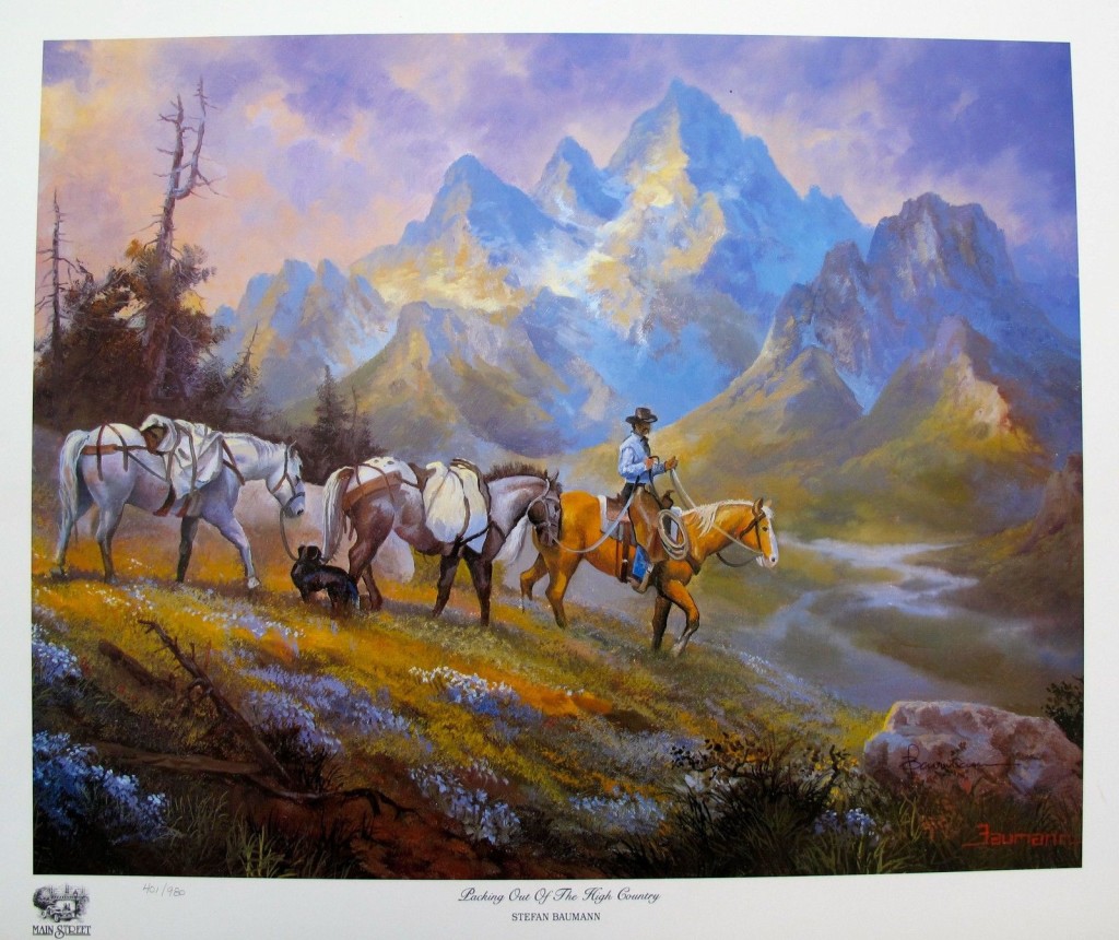 "Packing Out of the High Country" is a western painting depicting a cowboy guide packing out of Teton National Park