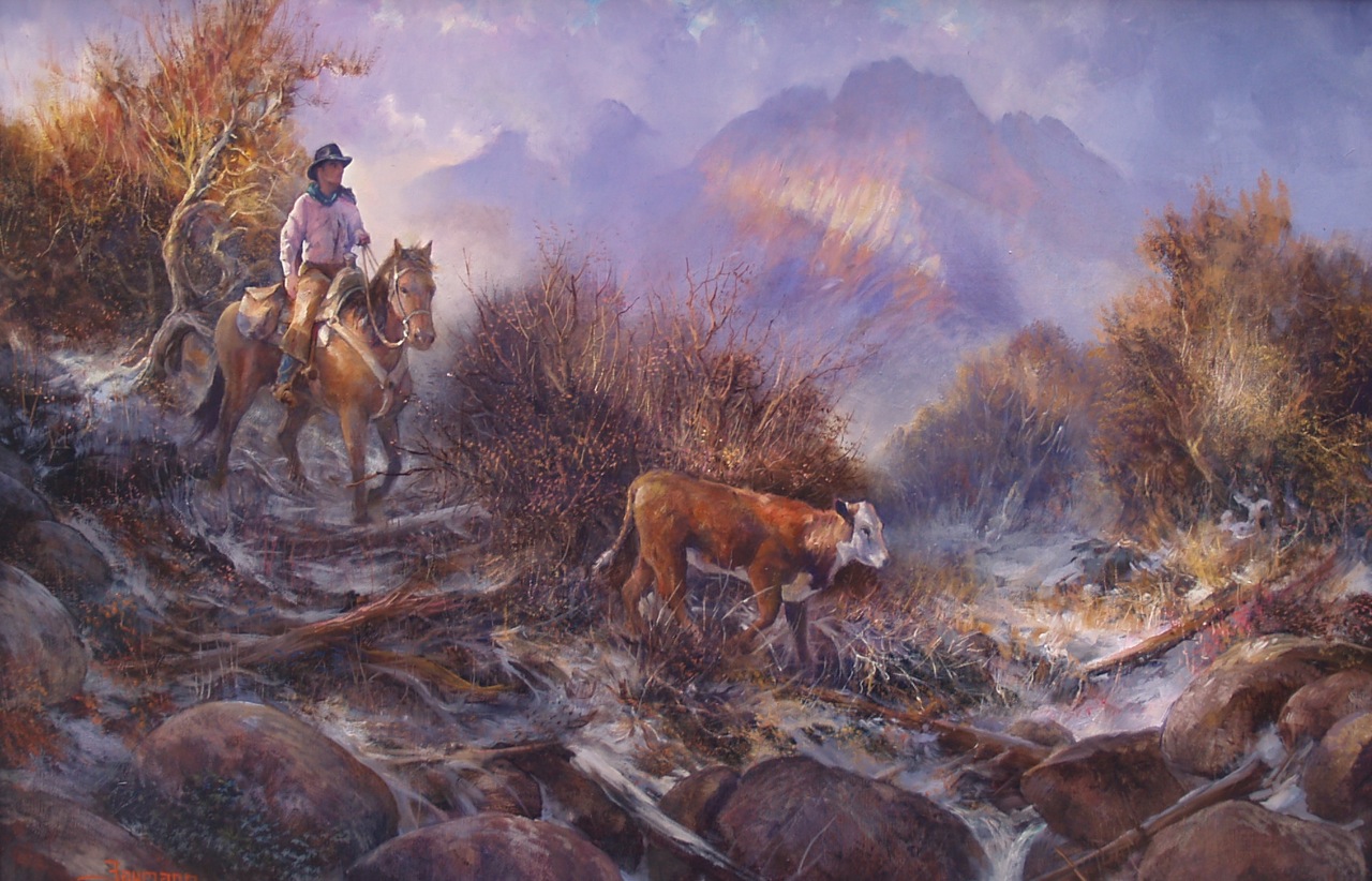 Painting of a cowboy on horseback rounding up a stray calf by Stefan Baumann. This painting won a blue ribbon at the 2014 4th Annual Western Art Show in Red Bluff, CA,