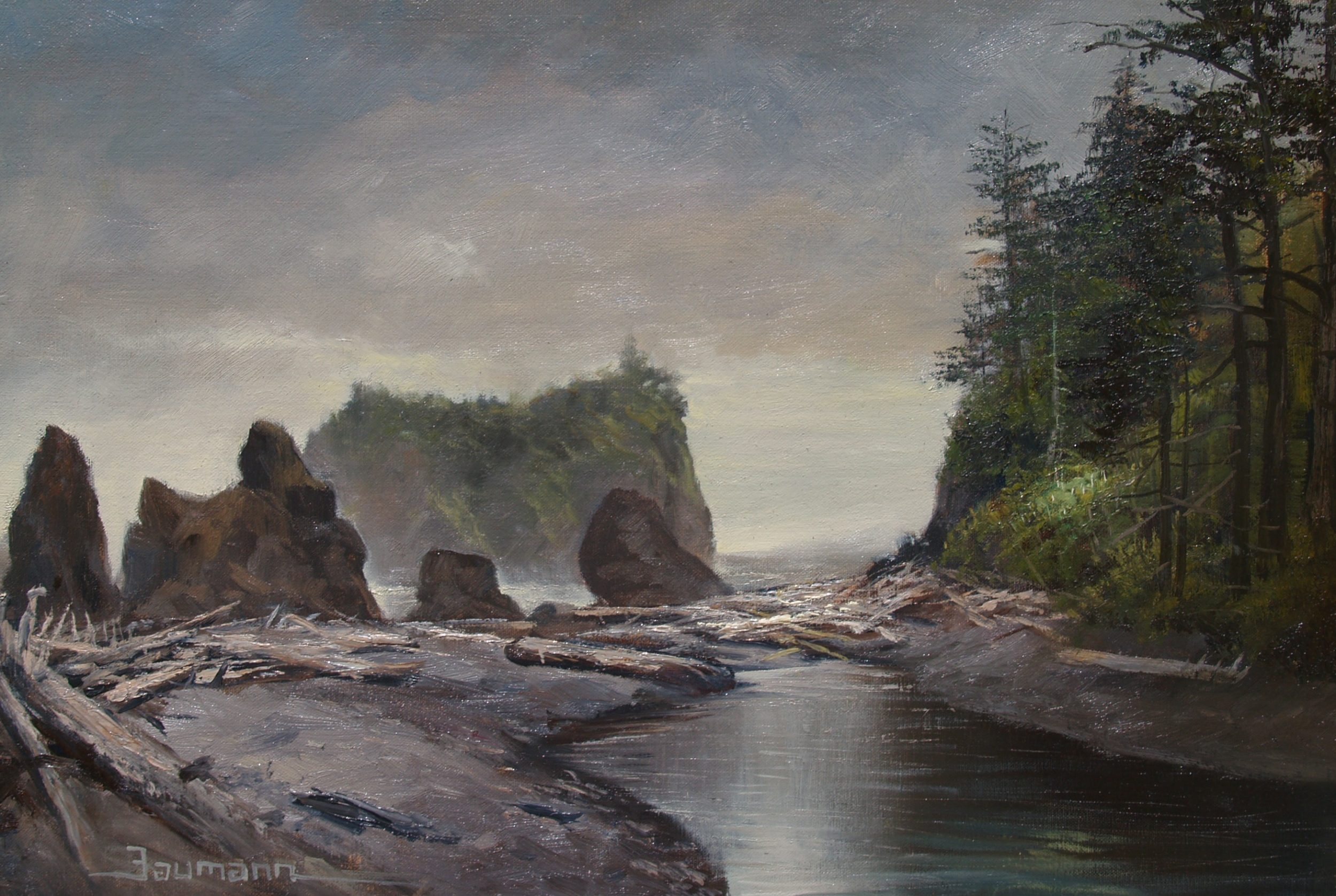 This is a painting of a foggy morning coastline called Misty Morning in Olymplic National Park painted by Stefan Baumann with his focus on creating a misty morning scene using greyed warm and cool colors.