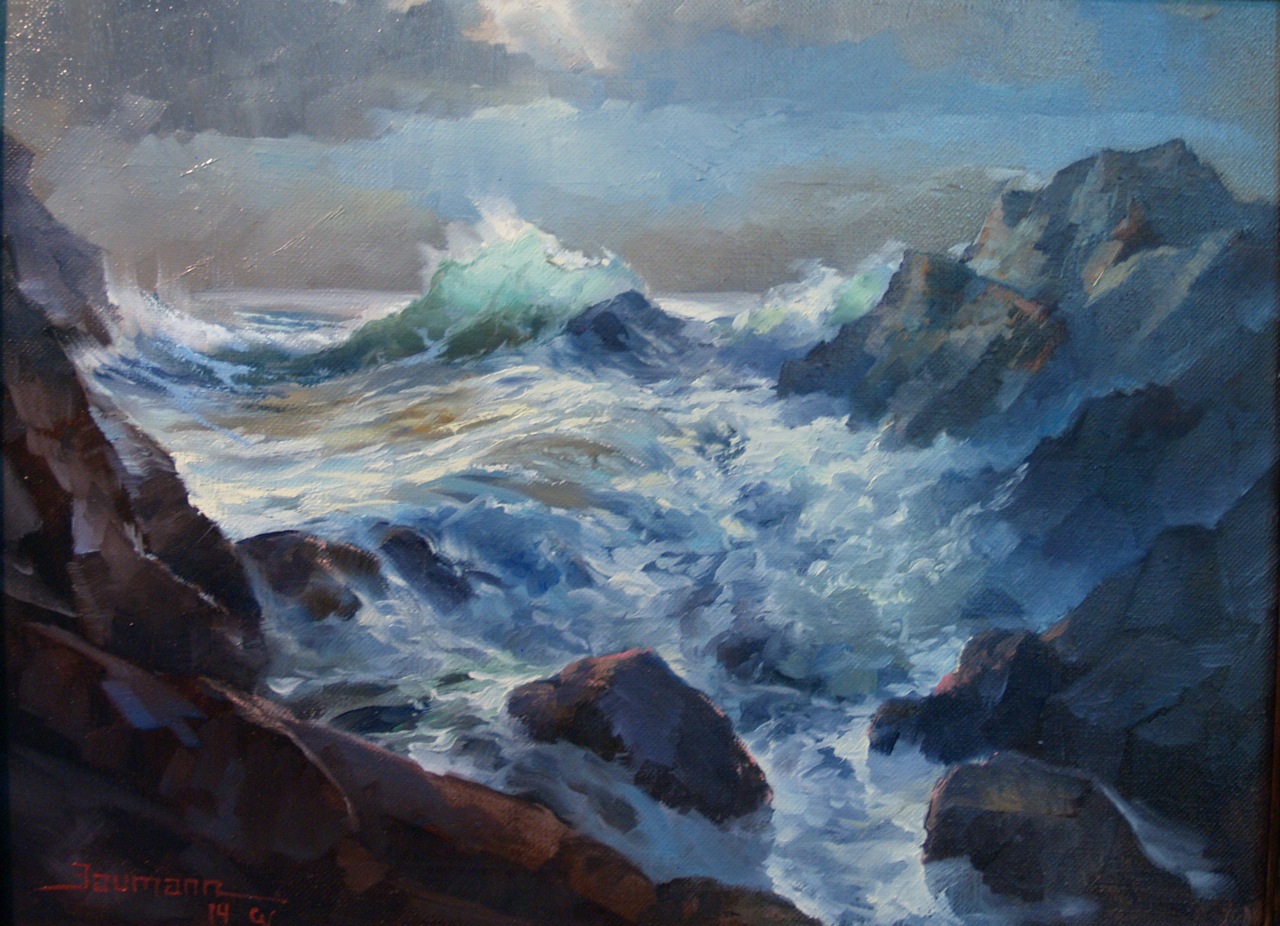 This is a plein air painting of Asilomar Beach at sunset in California by artist Stefan Baumann is challenging to paint because of the changing movement of the waves crashing on the rocks.