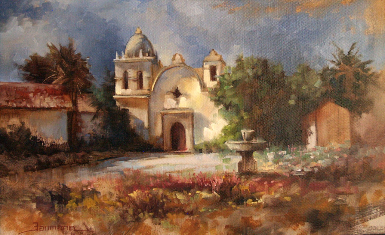 Plein air painting seaside towns like Monterey, where the Carmel Mission is located, can be tricky due to changing weather conditions and visibility in the mornings, but this plein air painting of the Mission came out beautifully as everything went my way this morning.