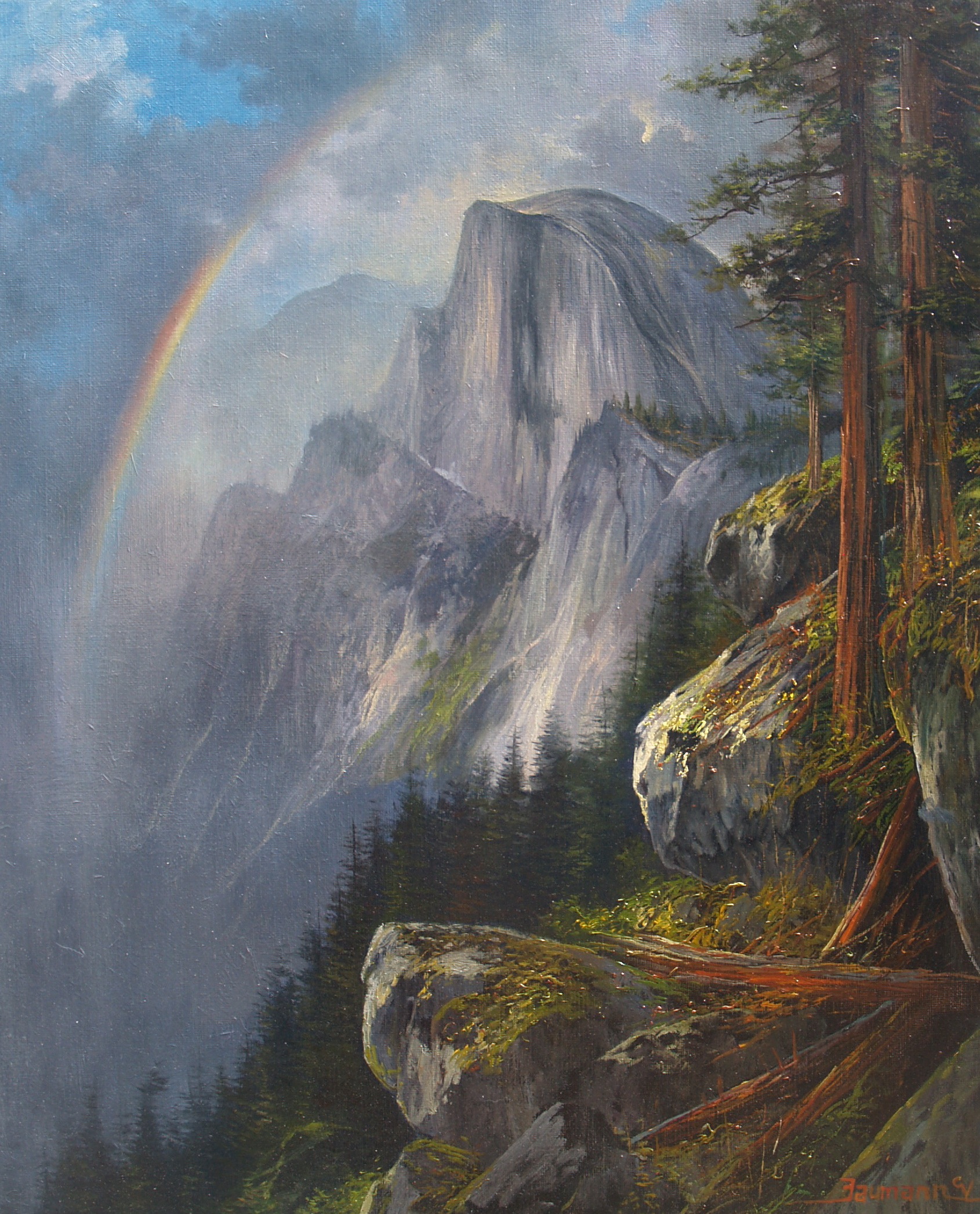 This is an oil painting by Stefan Baumann titled After the Storm of Half Dome from Glacier Point in Yosemite National Park showing a rainbow after a storm..