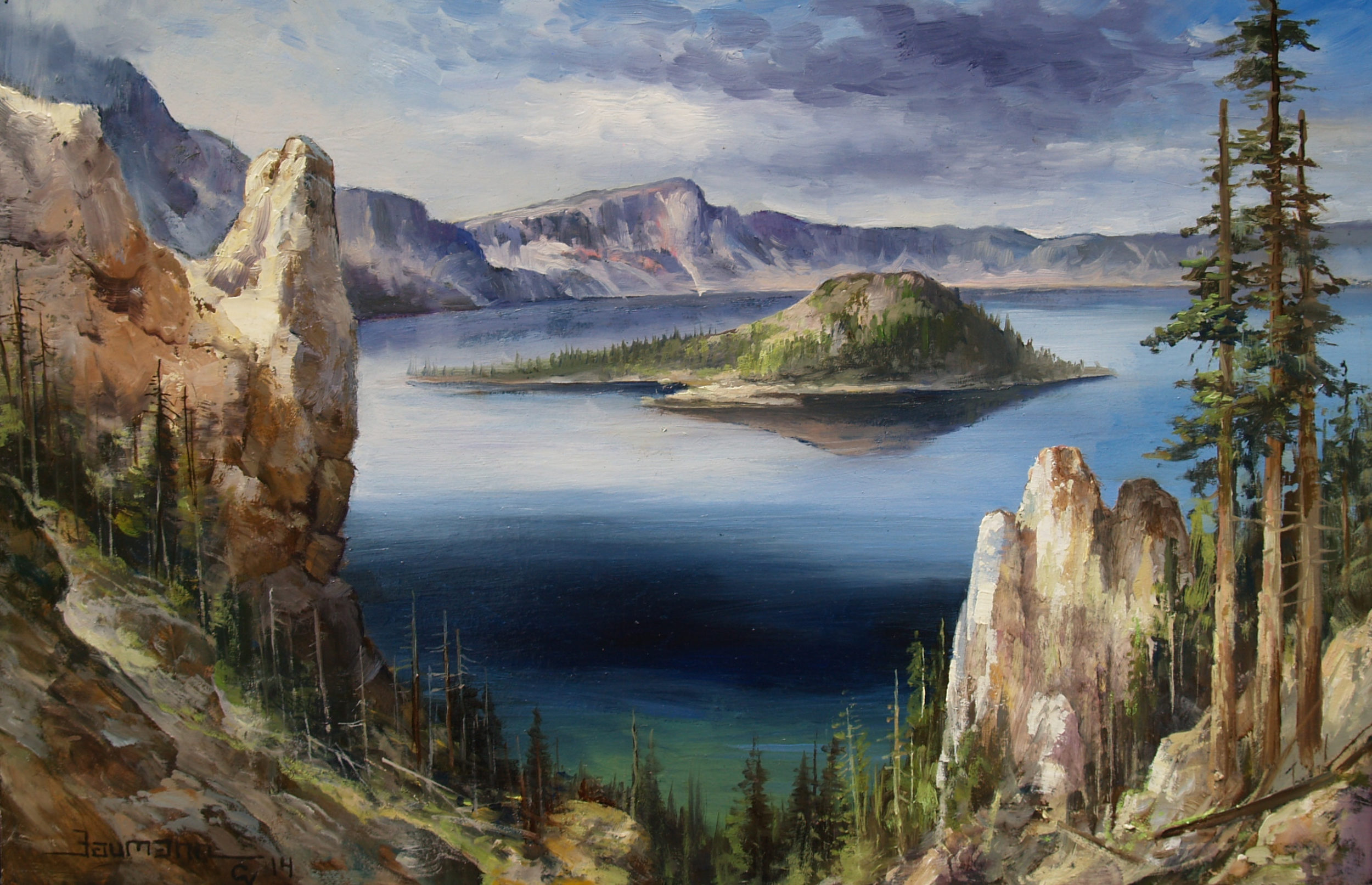 This is a painting called Still Waters Run Deep of Crater Lake by Stefan Baumann shows a view of the island in the surrounded by the deep blue water of the lake.