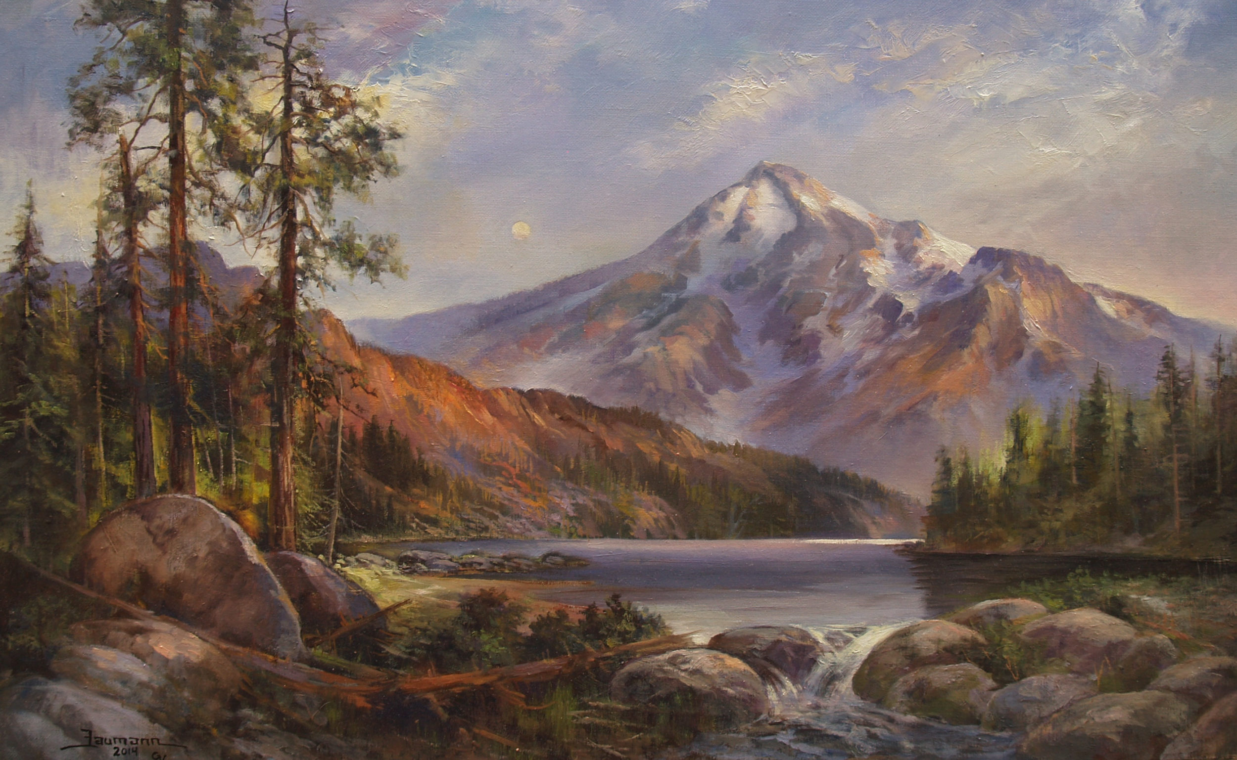 This is a painting of Mt. Shasta called Illusion of Grandeus by Stefan Baumann and a near-by lake that illustrates the magnificence and beauty of the volcanic mountain.