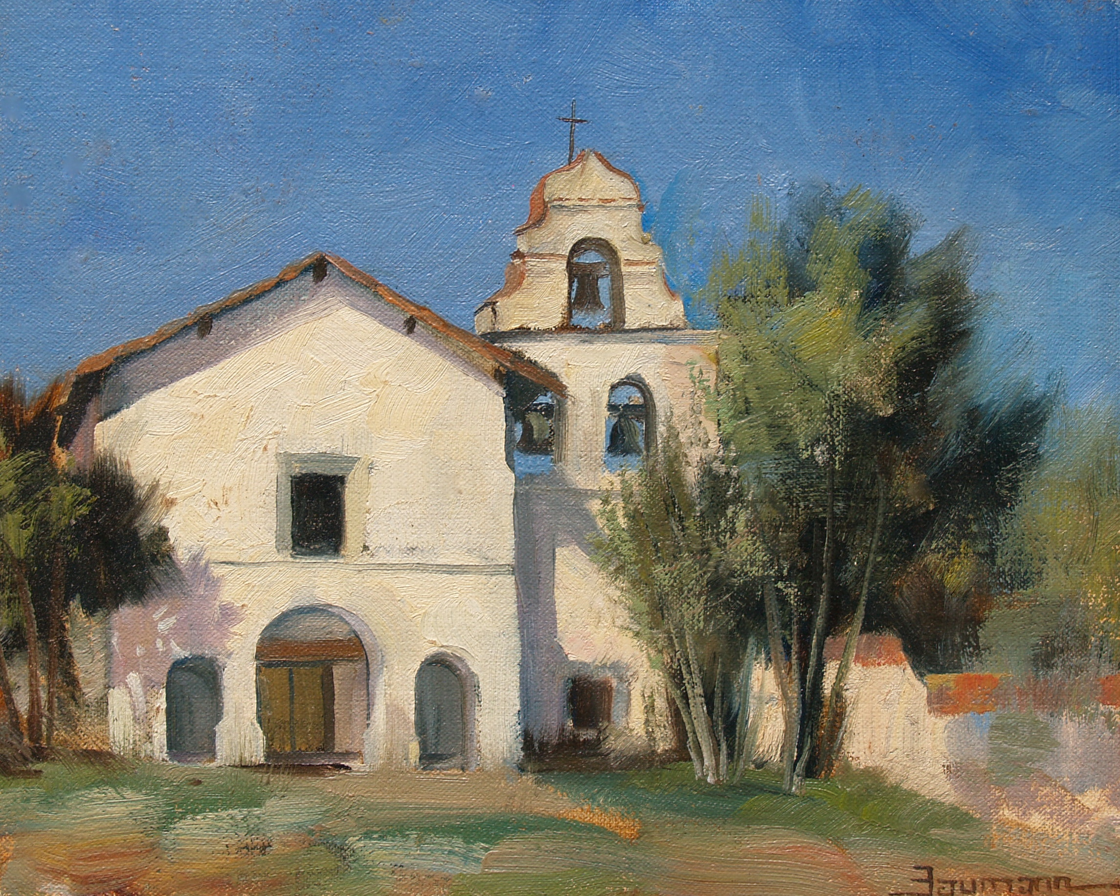 This is a painting of Mission San Juan Bautista painted plein air in morning light by Stefan Baumann.