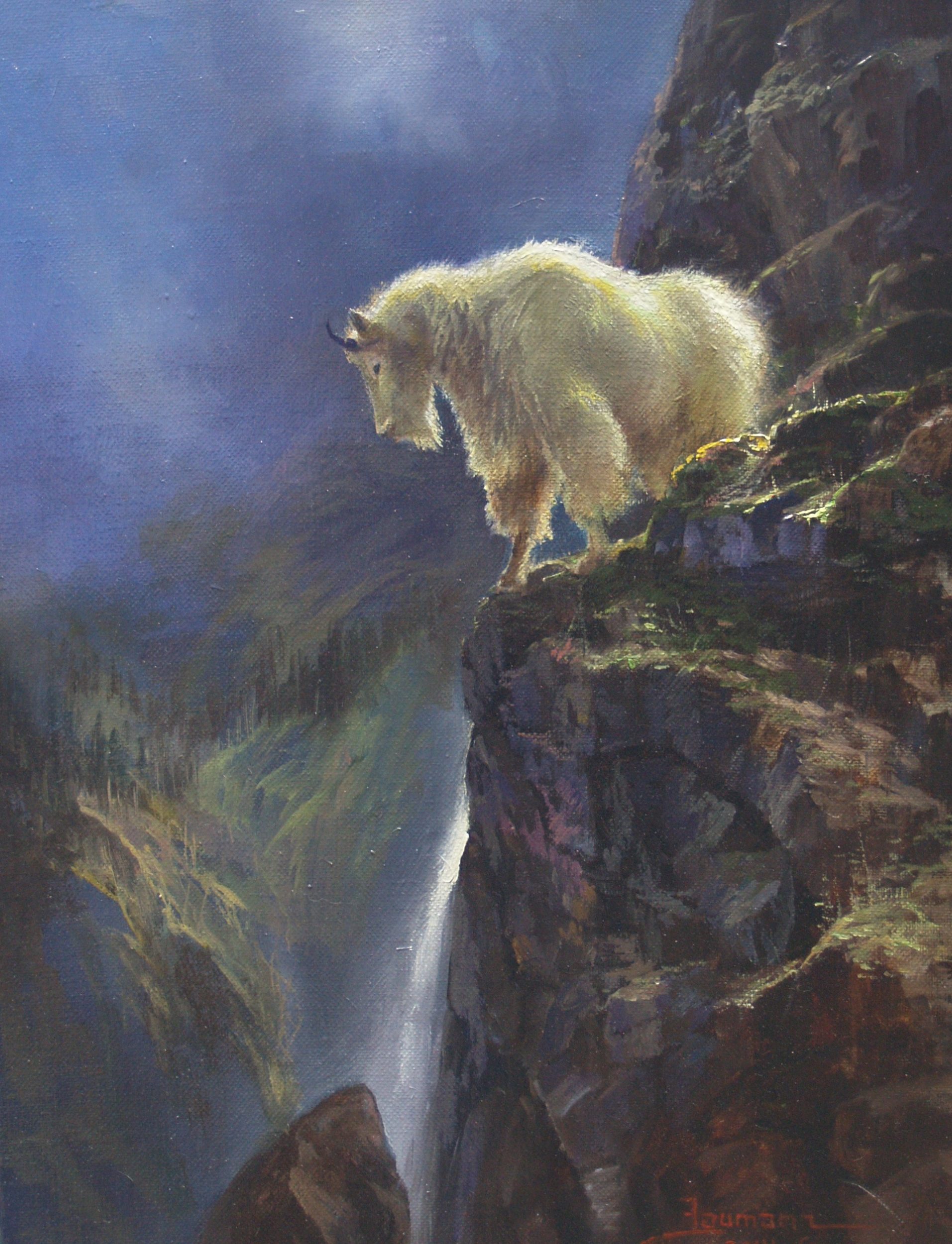 This painting by Stefan Baumann called Moonlit Watch features a mountain Dall Sheep on a ledge in the moonlight in Glacier National Park.