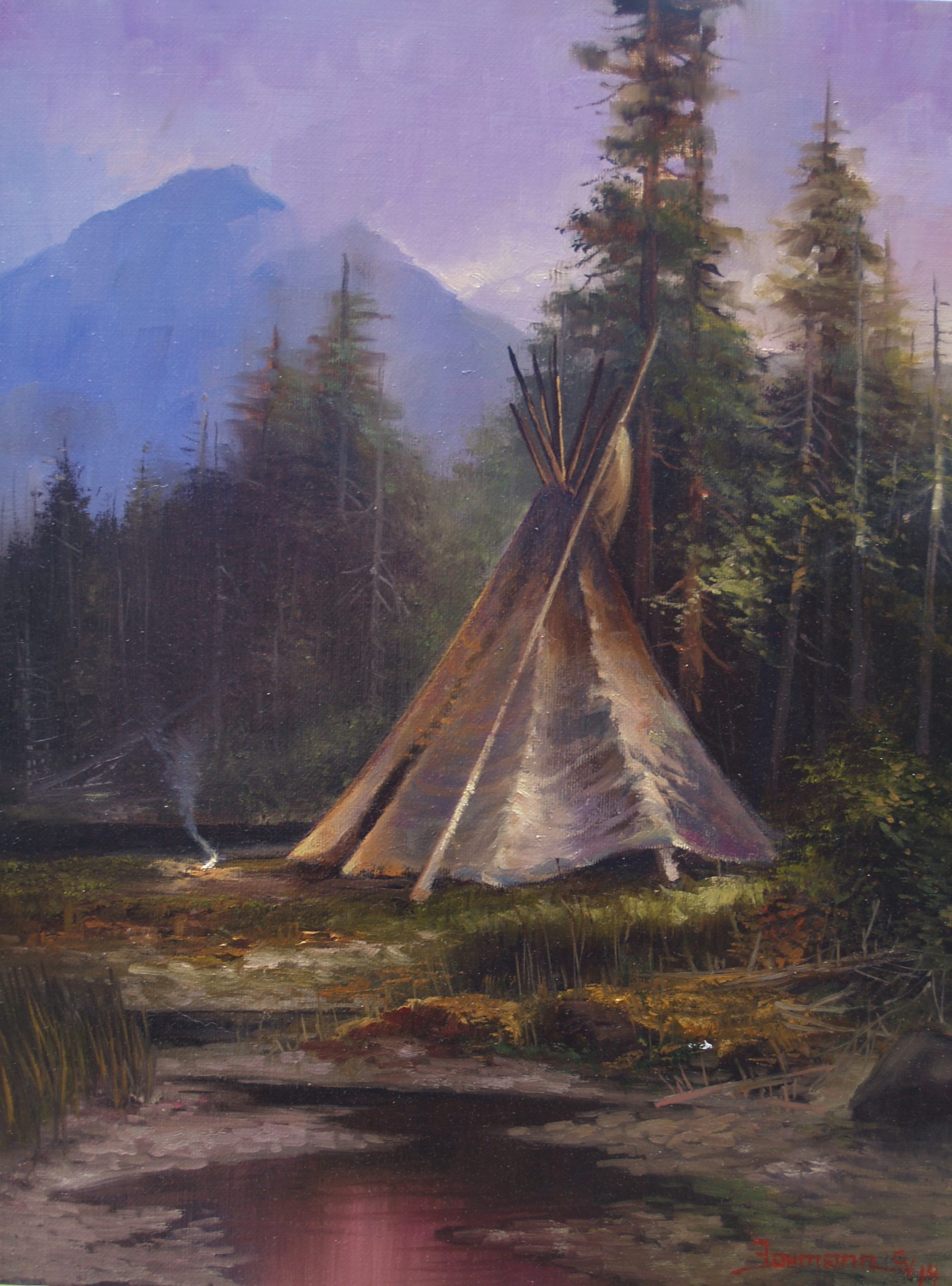 This is a painting by Stefan Baumann of an Native American Indian teepee in camp by a lake in a forest.