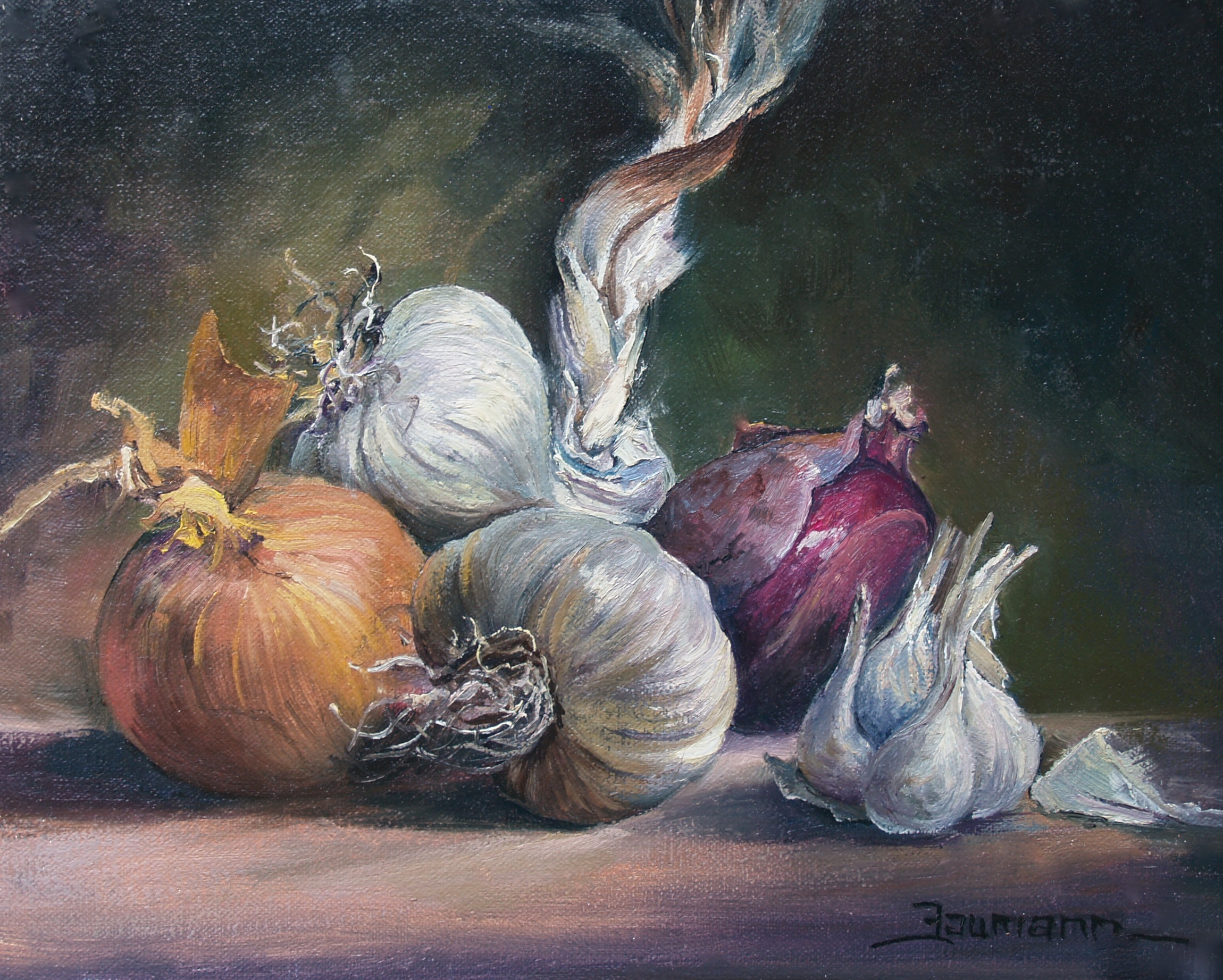 This is a still life painting by Stefan Baumann of yellow and purple onions and white garlic cloves.