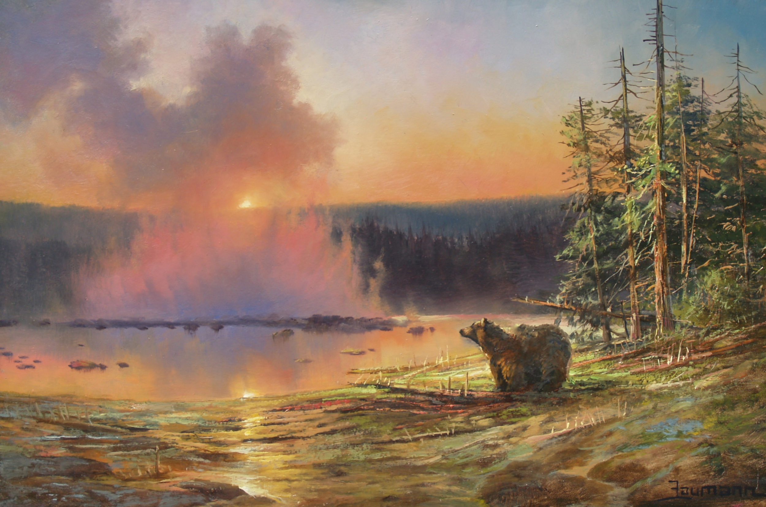 This is a sunset painting called Twilight at Upper Geyser Basin by Stefan Baumann painted in Yellowstone National Park.