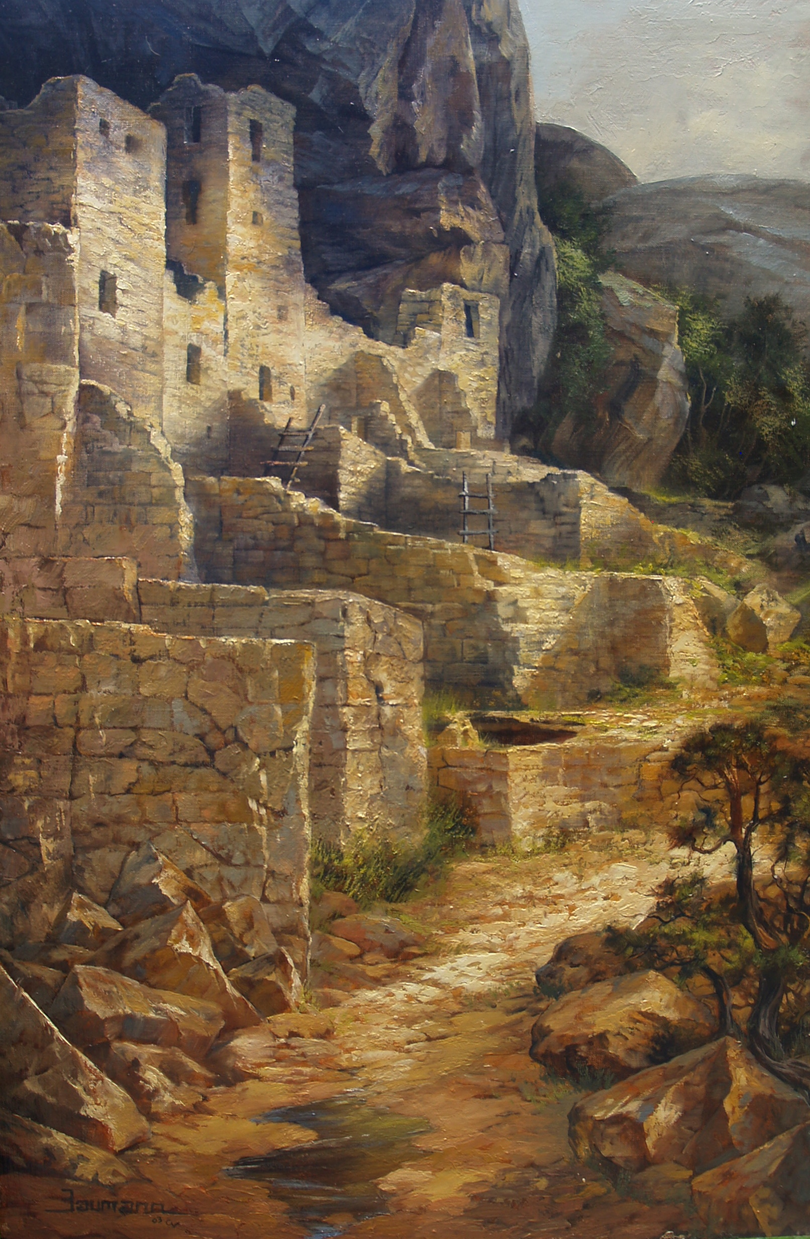 This oil painting by Stefan Baumann shows the dwelling place of the Anasazi Indians in Mesa Verde National Park.