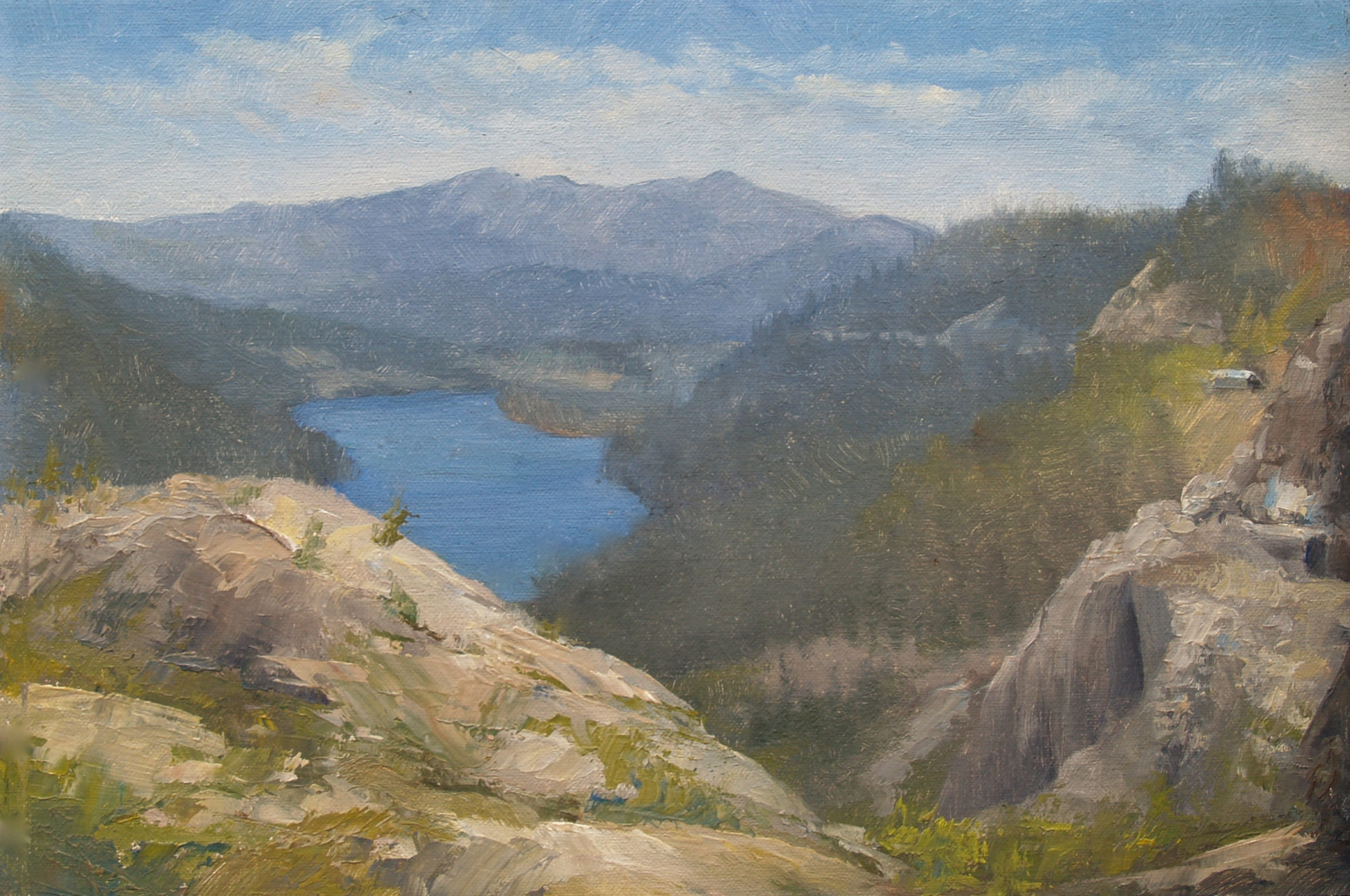 This painting of Donner Lake was painted as a study by Stefan Baumann, who captured a view of the landscape and the lake en plein air.