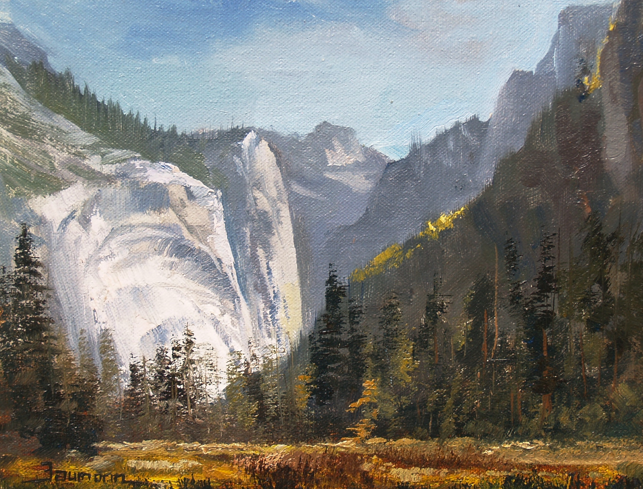 This painting of the Arches in Yosemite park by Stefan Baumann is a beautiful landscape that includes white arches carved by glaciers in the valley.tone on a
