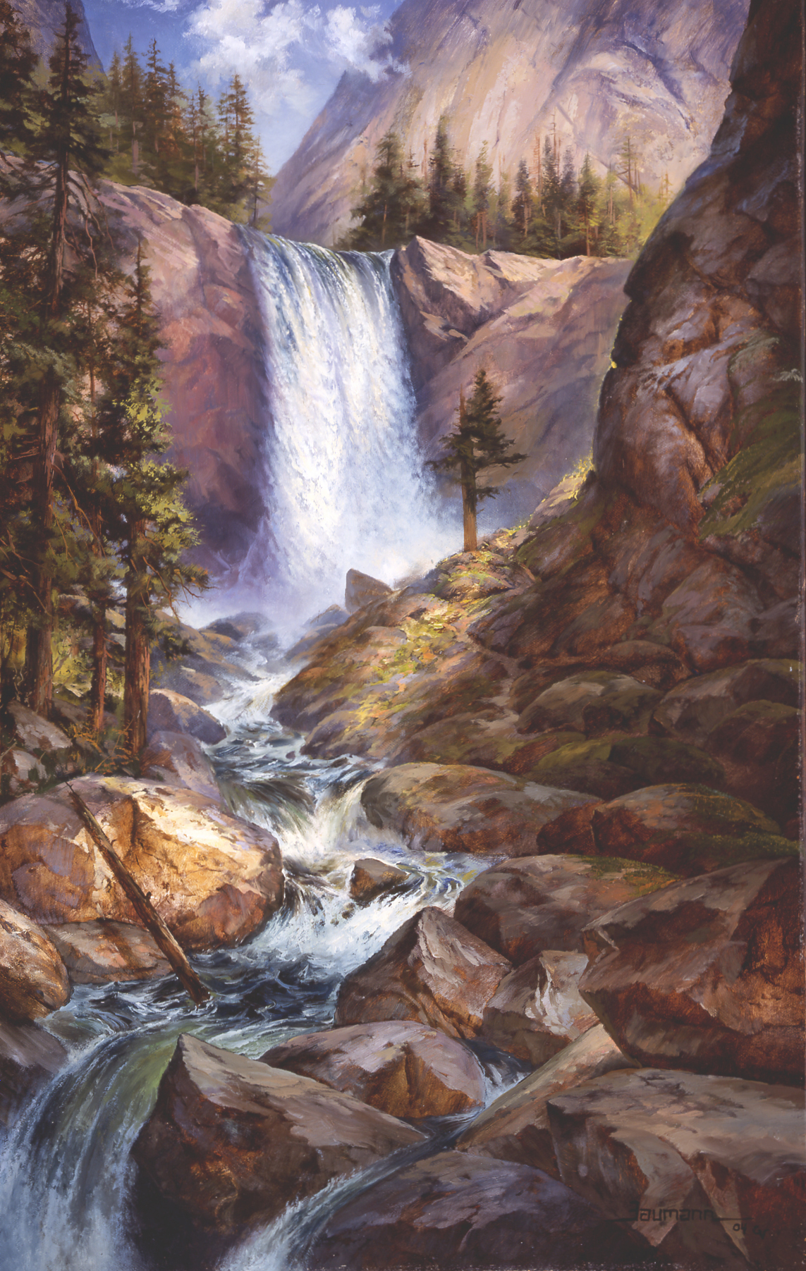 This oil painting of Vernal Fall in Yosemite Park by Stefan Baumann features a glorious view of the falls with the river flowing toward the viewer.