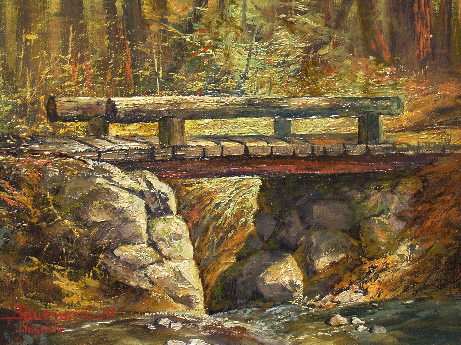 This is an oil painting called "Yosemite Foot Bridge" by Stefan Baumann that shows a wood bridge crossing a river.