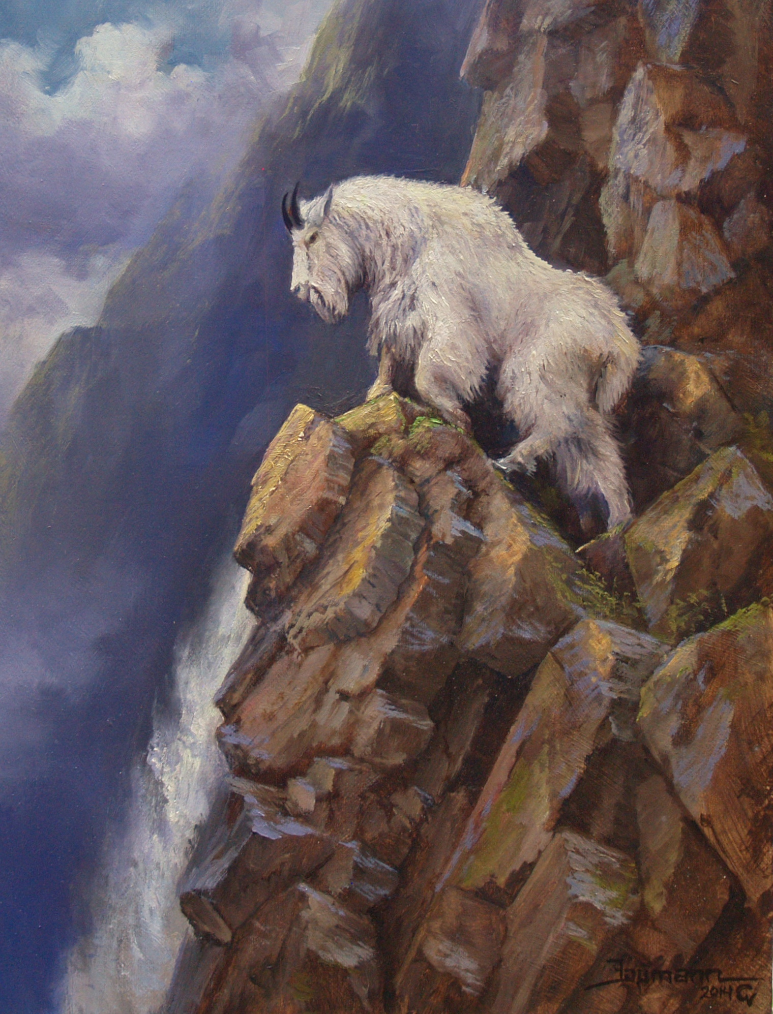 This oil painting called Ascending Mountain Goat by Stefan Baumann shows a white Mountain Goat standing on a cliff high in Glacier National Park.