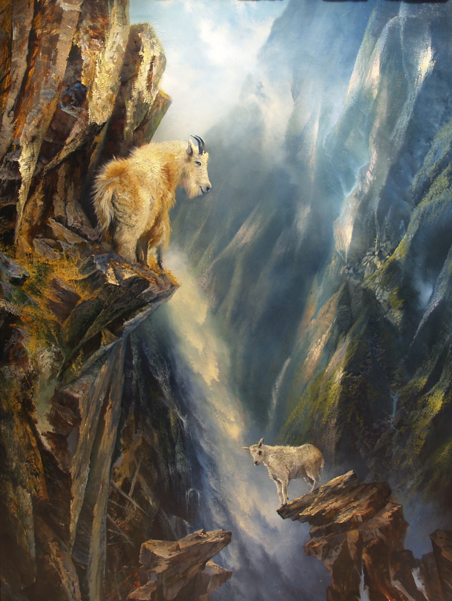 This is a an oil painting of a young Mountain Goat who is learning to leap from rock to rock by Stefan Baumann from his imagination.
