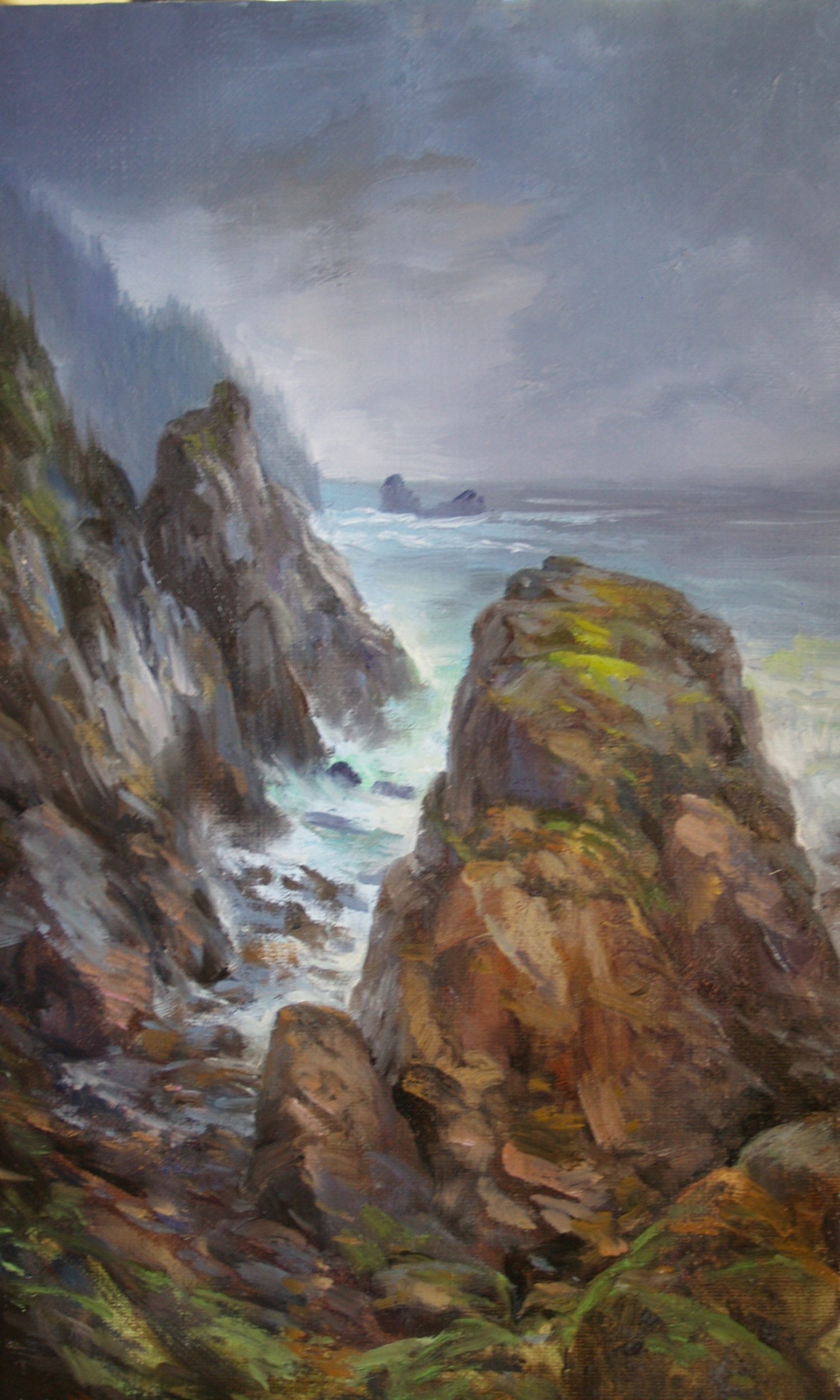 This is an oil painting by Stefan Baumann of Whaler's Cove located in Point Lobos National Park of a scene of the ocean on a rocky shore on a foggy day.