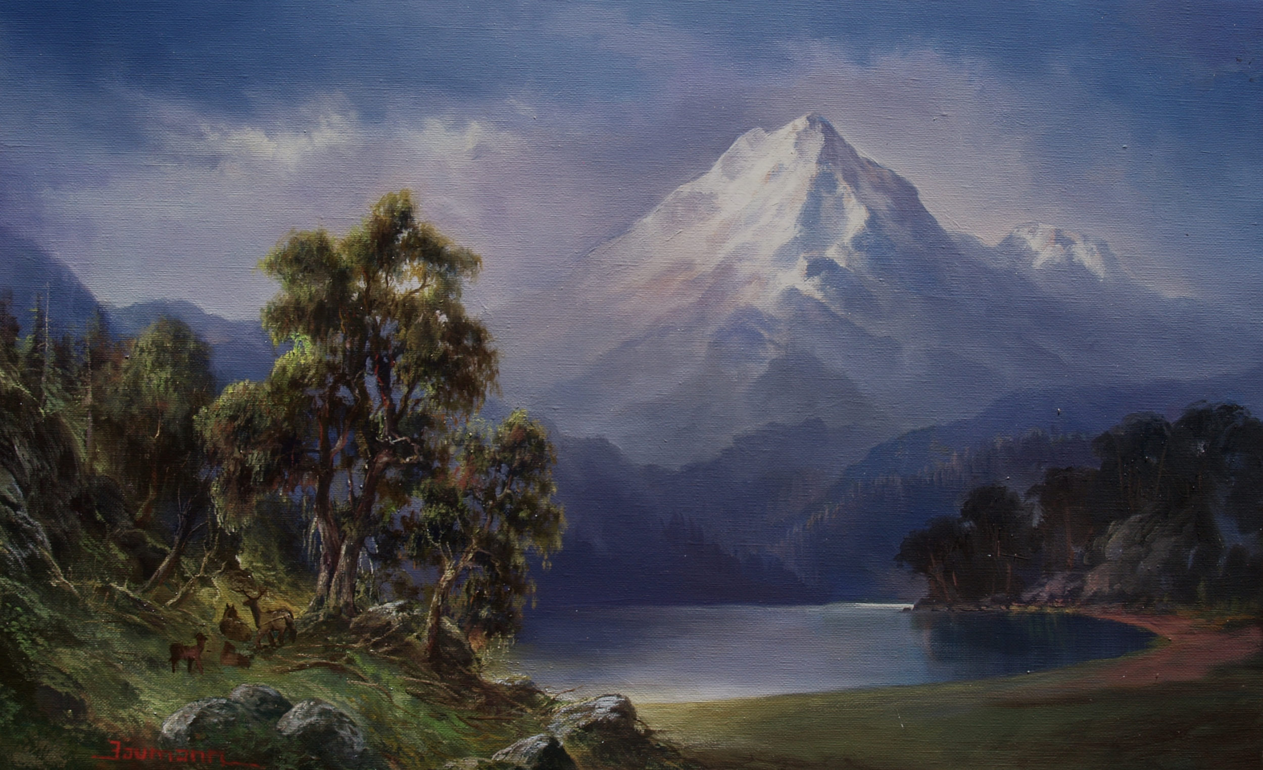 This is a view of Mt. Shasta painted in oil paints on location from Tule Lake by artist Stefan Baumann.